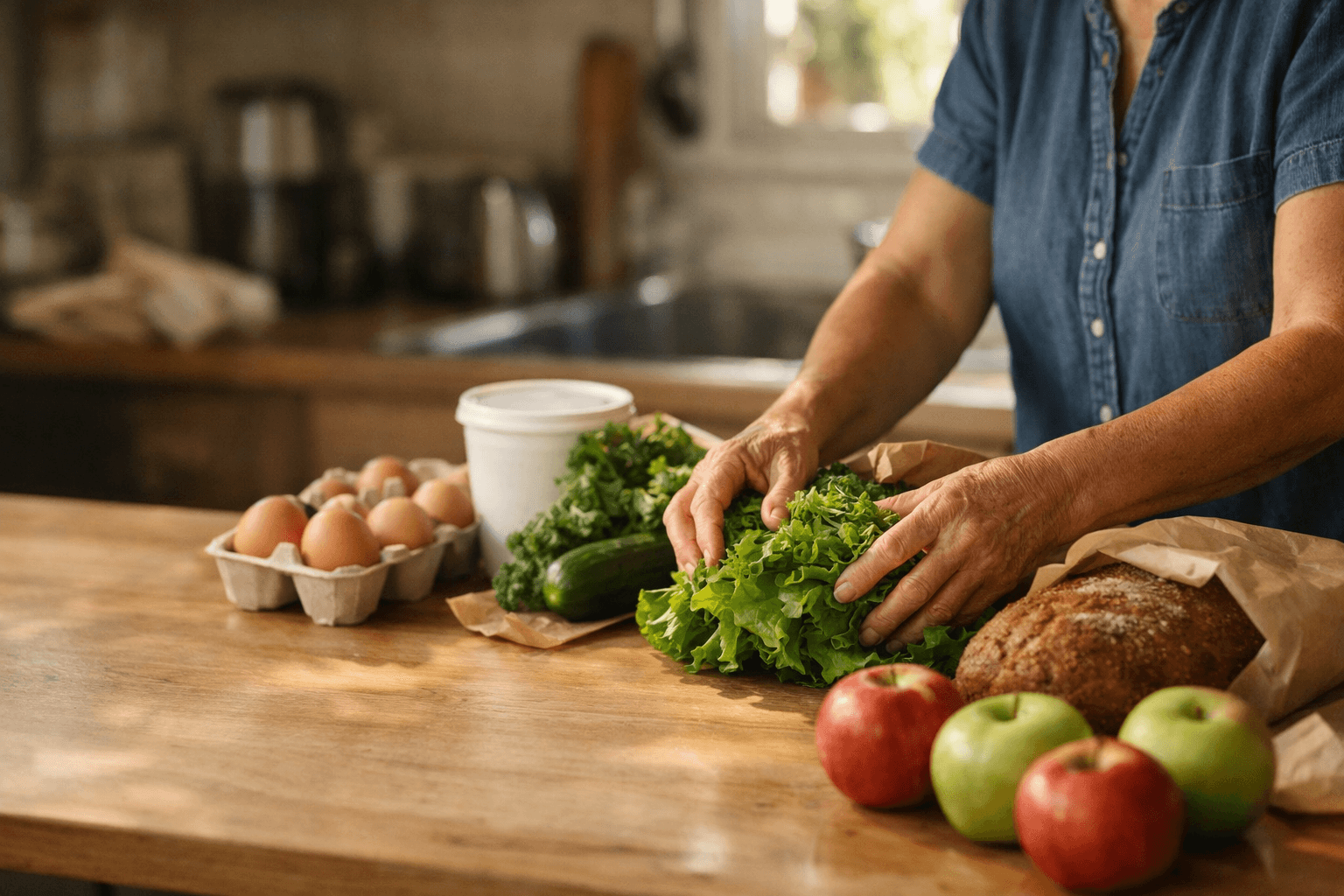 Midlife adult unpacking groceries on a kitchen counter